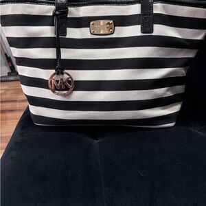 Michael Kors Black & White Striped Canvas Tote with MK Charm